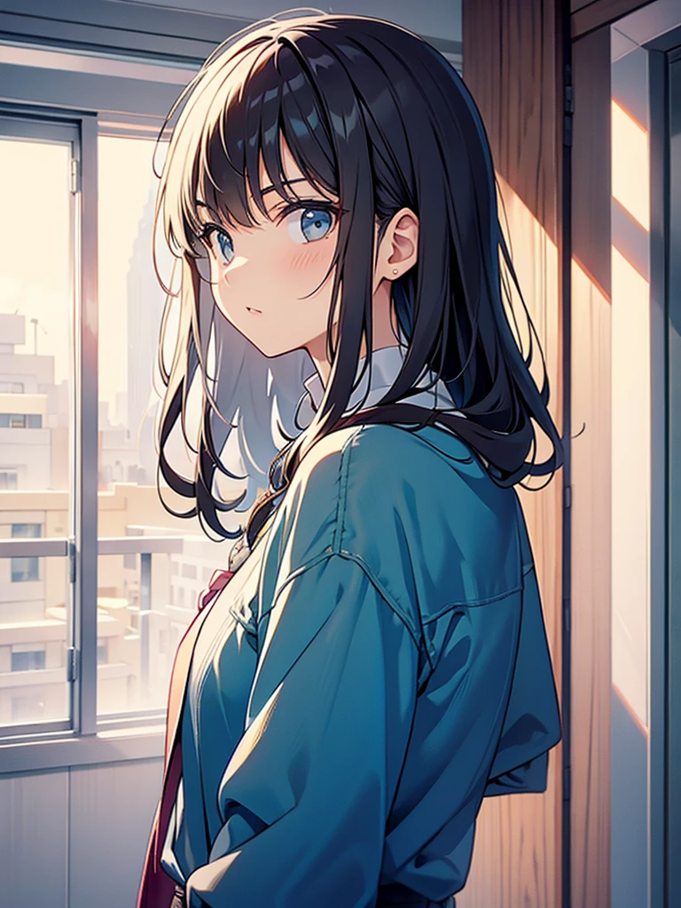 work of art, best qualityer, highest quallity, Perfect Anatomia, high resolution, ultra-detailed, 8 k wallpaper, texture, detail, unique, hdr, extremely detailed CG, Azuma Hisato, 1 girl, standing alone, whole body, standing, hypdertailed, maroon_body hair, bangss, maroon_eyeballs, 20 year, mature woman, gazing at viewer, ssmile, obscene face, (comely,big fit ass_breastsout:1.4), (comely_face:1.5),(narrow_waist), office clothes, Office uniform