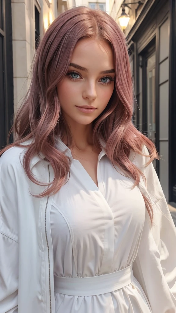 Ultra réaliste, la photographie, longs cheveux chatains, fille, 24 ans, chiffre de sablier, corps parfait, look affectueux, germe d'art extrêmement détaillé, dans le style artgerm, Face à la caméra, objectif 35 mm, arrière-plan flou, sa langue mouillée lèche une longue verge, Look séduisant, long cils