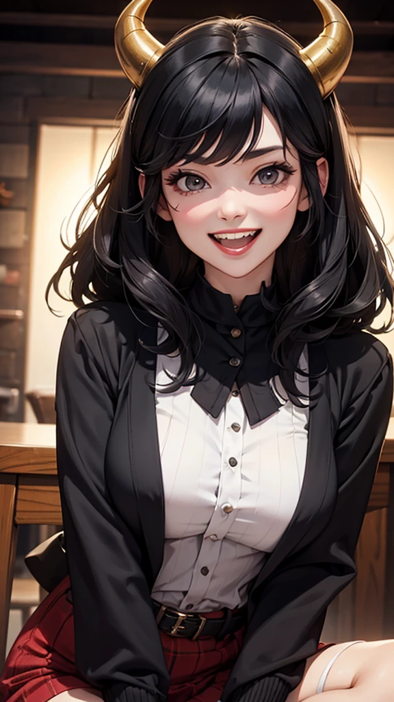(junkotvv pelo negro con flequillo, orejas de gato, ojos rojos), (obra maestra, mejor calidad:1.2), IncrsSnootChallenge, comic, manos pov, 1 chica, htcerberus, feliz, sonrisa, :d, orejas de perro, chaleco, camisa roja, corbata negra, Liga de brazo, Chaleco negro