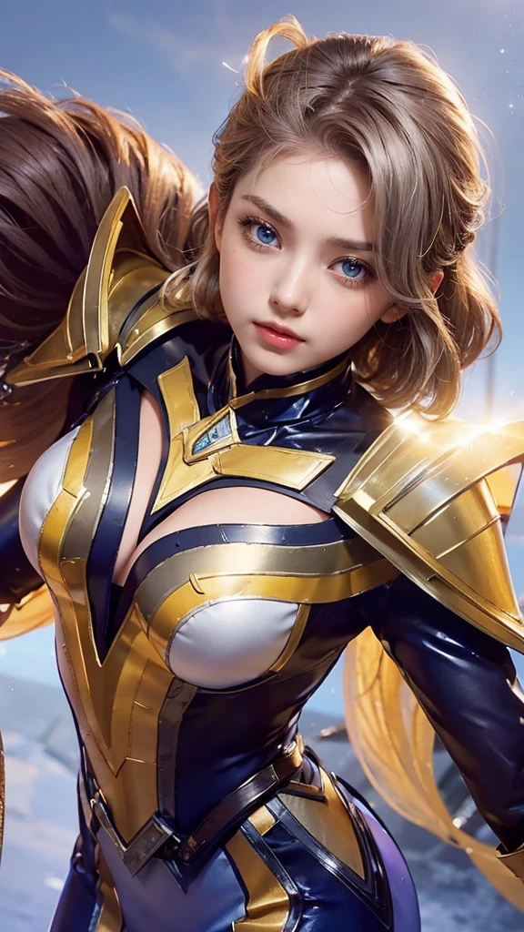 (8k, RAW photo, photorealistic:1.25) ,( lipgloss, eyelashes, gloss-face, glossy skin, best quality, ultra highres, depth of field, chromatic aberration, caustics, Broad lighting, natural shading, looking at viewer with a serene and goddess-like happiness, smile, 8k, very detailed, green eyes, close-up shot of a woman with a gun in her hand