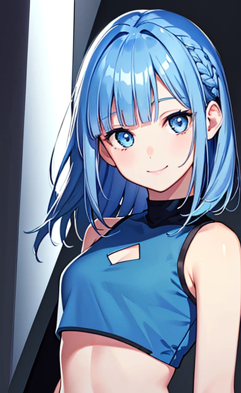 (masterpiece:1.5、Photorealistic:1.4,anime coloring:1.4、high resolution:1.4)、,(spot light:1.2、Exquisite beautiful eye:1.5,)、(stand:1.5)、(messy hair)、(upper body:1.5)、
(kind eyes、tareme:1.4),()、(Cute Face)、(blue hair:1.5)、(middle hair:1.5),(sidelock :1.6),(blunt bangs:1.3),(1 girl)、(blue eyes:1.2)、(light smile:1.5),(Face up:1.5)、(solo)、(Face up:1.5) ,(),(small breasts),(),(crop top:1.5),()、()、()、Slim Body(),Shiny Hair、