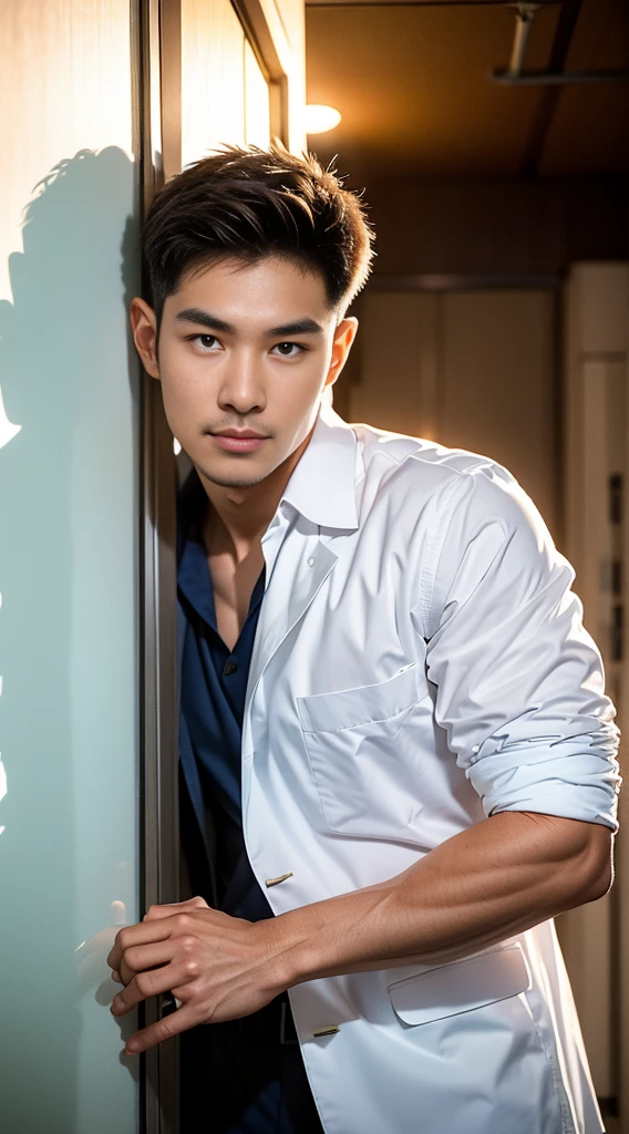 ((Highest quality, 8K, Masterpiece:1.3)),Thailand Laos Burma Asia,Thai man buzz haircut,A handsome Asian sport  short hair,a muscular beard,and big muscles.,１A man who has,yo,Good appearance,Beautiful nose,Detailed eyes and face,beautiful light,(studio),high resolution,(Look at the viewer.),Fine mouth,whole body:1.5,perfect shape:1.3,Picture of both shoulders:1.3,(t-shirt:1.2),black cargo pants,wristband,landscape,(The background is  Bokeh:1.2),on the sea,(fur-trimmed_jacket:1.2),