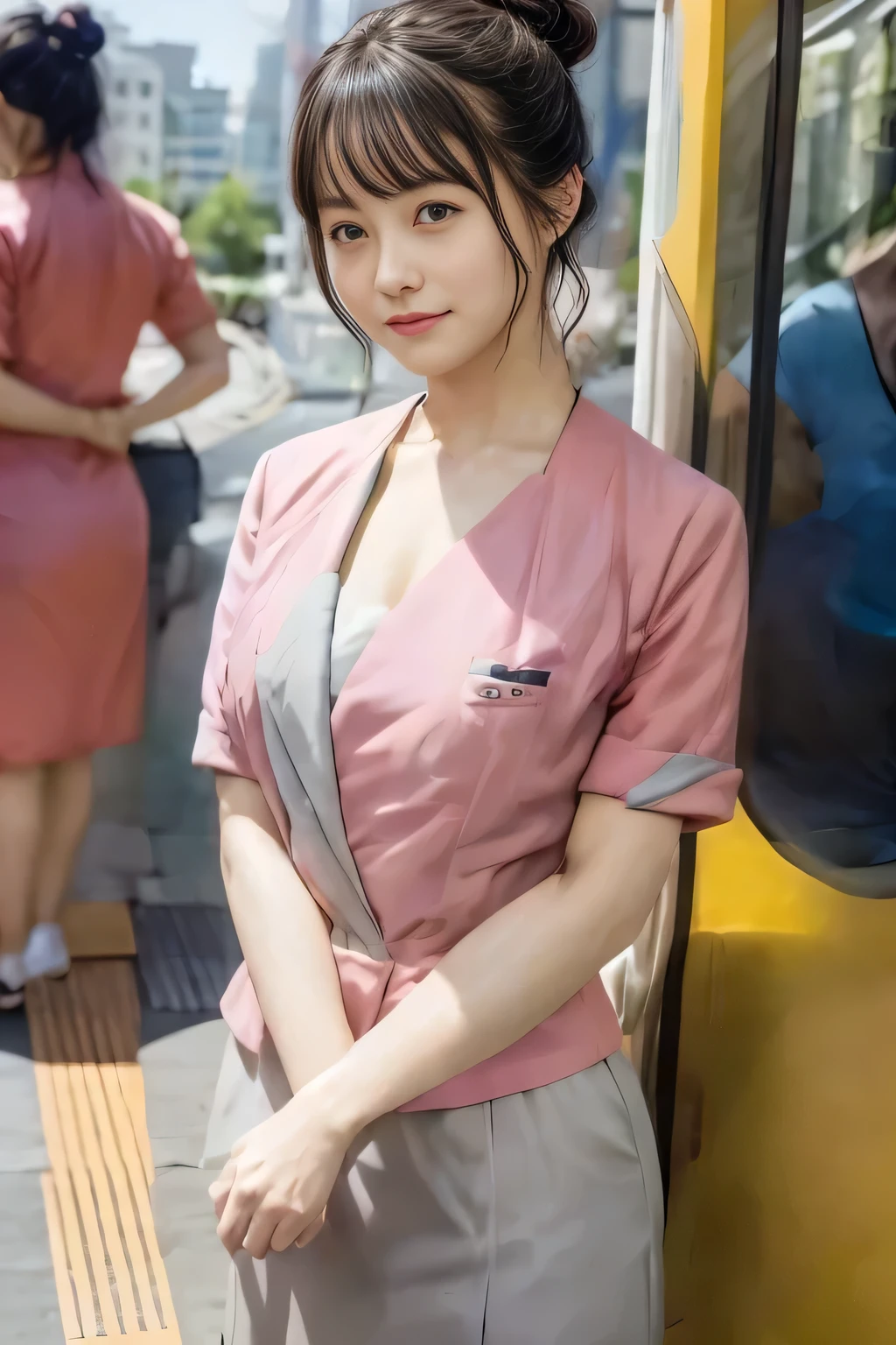 (masterpiece:1.2, Highest quality:1.2), 32k HDR, High resolution, (alone、1 girl)、 (Height: 160cm)、（On the rooftop of a building in the daytime、Professional Lighting）、Building rooftop background、（Nankai train crew uniform pinkを着たリアルスタイル）、（Nankai train crew uniform pink short sleeve collarless pink jacket、Nankai Train Crew Uniform Pink Collarless Short Sleeve Blouse、Nankai Train Crew Uniform Pink Grey Knee-length Culottes）、（The pink jacket is showing from the culottes.）、Dark brown hair、（Hair tied up、Hair tied up、Evening curly hairstyle）、Dark brown hair、Long Shot、Big Breasts、Thin legs、（（Great hands：2.0）），（（Harmonious body proportions：1.5）），（（Normal limbs：2.0）），（（Normal finger：2.0）），（（Delicate eyes：2.0）），（（Normal eyes：2.0））)、smile、（Nankai Train Crew Uniform Pink Grey Knee-length Culottesを見せた美しい歩く姿）、Place your hands around your stomach、Lanyard employee ID card