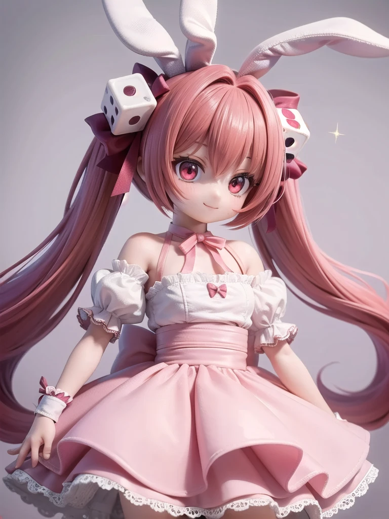 ((Highest quality)), ((masterpiece)), (be familiar with), Perfect Face, Big eyes, eyelash, The sparkling light of the eyes, (What to do?), (used), red eyes, bunny ears, pink twintail hair, dice hair ornament, red hair ribbon, pink ribbon, pink bow, (bare shoulders), white bare top, detached short puff sleeves, (pink frill mini skirt), ribbon heart, smile