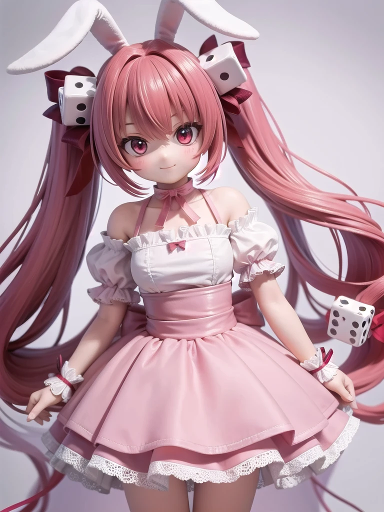 ((Highest quality)), ((masterpiece)), (be familiar with), Perfect Face, Big eyes, eyelash, The sparkling light of the eyes, (What to do?), (used), red eyes, bunny ears, pink twintail hair, dice hair ornament, red hair ribbon, pink ribbon, pink bow, (bare shoulders), white bare top, detached short puff sleeves, (pink frill mini skirt), ribbon heart, smile