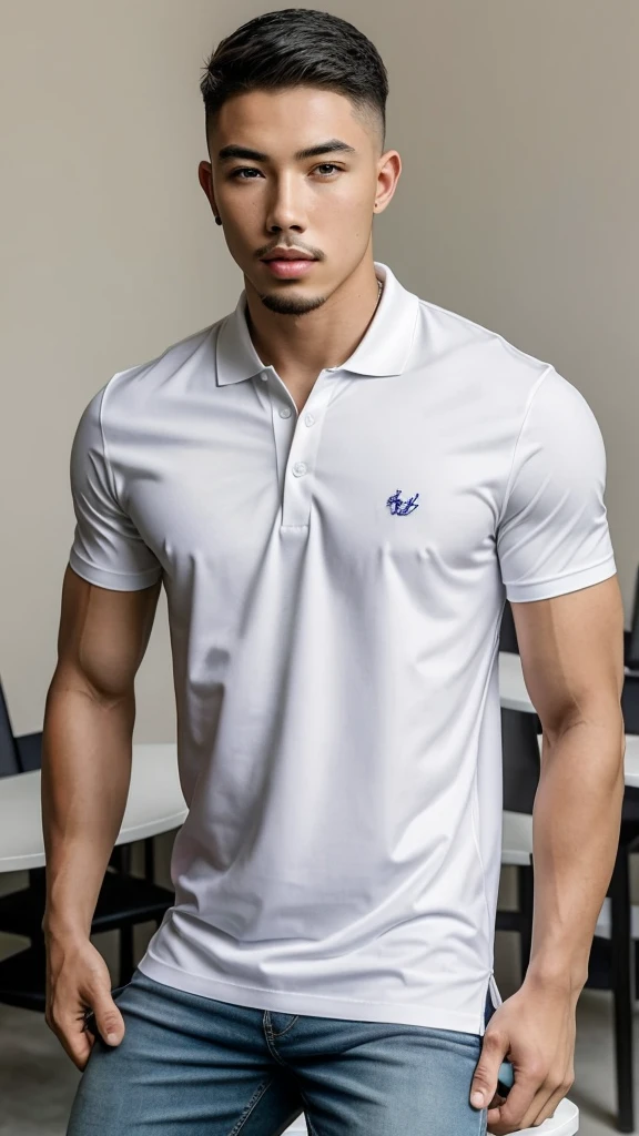 Tony Labrusca, young people, , White Polo Shirt, studio, matures,Portrait, man, A serious masterpiece, model  , Wide yard, tables, chairs, bathrooms