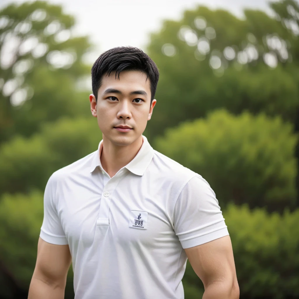 A male police officer in his 20s poses for a group photo., Wear a navy blue polo shirt., high resolution, Masterpiece, best quality, head:1.3,, Smooth and fine skin, clear focus, (movie light), during the night, gentle light, Dynamic angle, (detailed face:1.2), (((exercise))), sport, His arm muscles were very big., hand in crotch, in his bedroom ,natural and delicate,