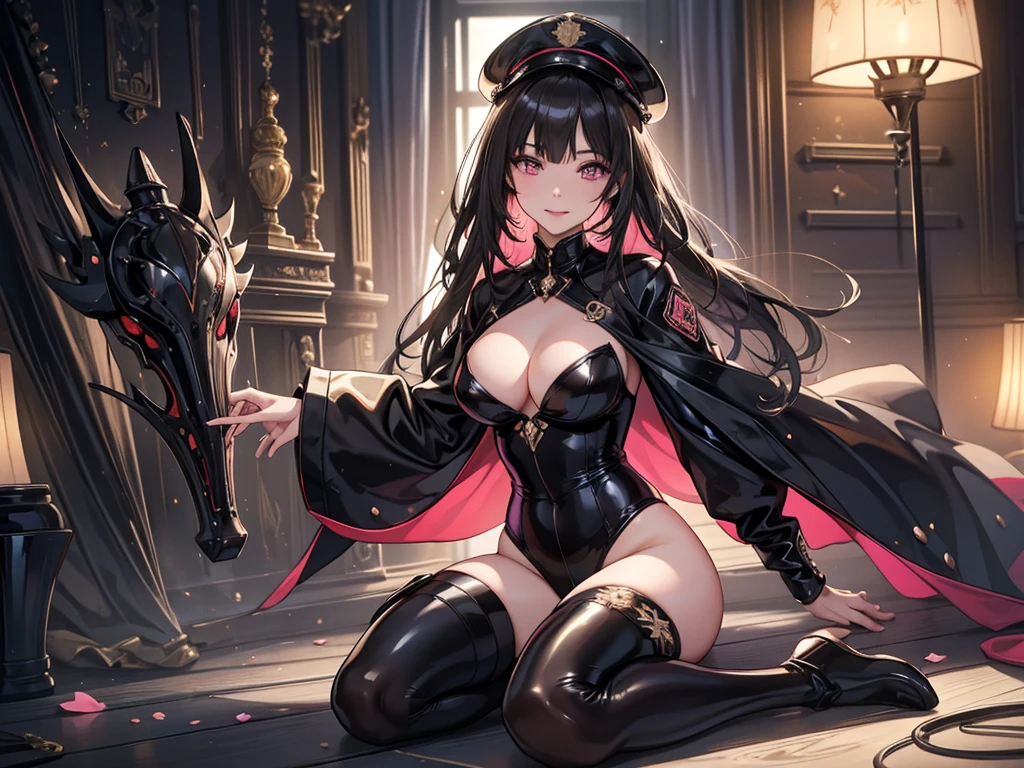 (Highest quality:1.2, artwork, Very detailed, expensiveディテール, digital coloring, High Contrast, masterpiece:1.2, Highest quality, Best aesthetics), 8K,masterpiece, cute,expensive,beautiful,Highest quality, 1 Female,Black Hair,Long Hair,Hollow Eyes, (finely detailed empty pupils and Detailed face),,,,Very detailedな CG ユニティ 8K 壁紙,alone,(Latex military costume:0.9),Large Breasts,Captivating smile,military hat,latex thigh high,Large Breasts,Black Hair,Pink Eyes,Pink leotard,pantyhose,Military coat,Patent leather suit,Glossy lips,Sitting,Bust Shot,Sadistic smile,,all,Shiny skin,Military coat,Detailed face,beautiful body,whole body,Adult,whole body油まみれで光沢感がある　whole bodyから湯気が出ている　Steam like a sauna room fills the entire screen.　White breath from the mouth