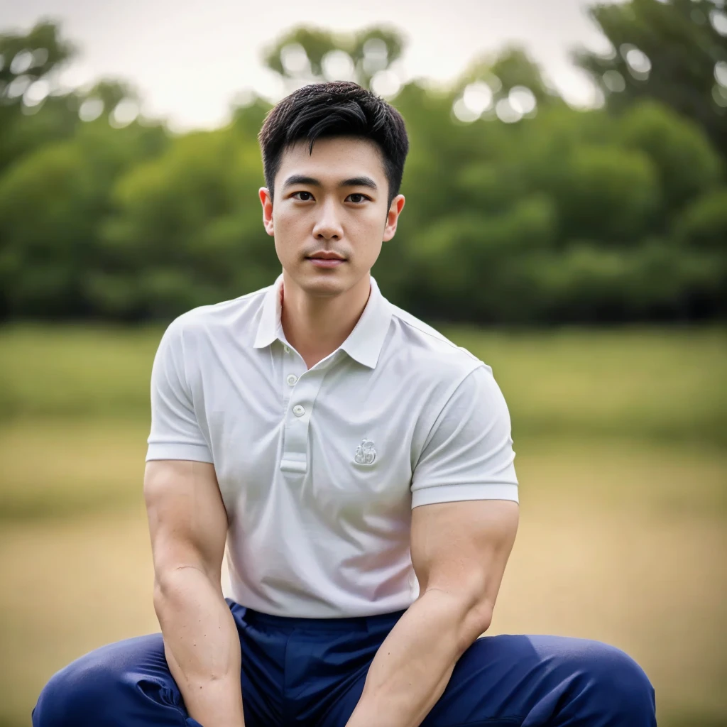 Thai man ,man，He is about 30 years old.，Rough and handsome appearance，Big muscleuscleหน้าอกขนาดใหญ่，(white polo shirt park:1.3)，Jeans ,Big waistline，chest hair，sitting on the roadside，Wearing the tongs，buzz cut, angry, sullen, best quality, Masterpiece，(outdoor background road :1.5)，（Have muscles：4.5），（fat：1.5），（gray hair：1.5 ），（gray body hair：1.5），（skin wrinkles：1.5），（shine on the skin：1.5），(best quality,High resolution,Masterpiece:1.2),The eyes are natural and delicate.,1 person,alone,gay asian,muscle,Long legs,brave,short hair details,conjunctivitis ,stalwart,brown eyes,in the bedroom,