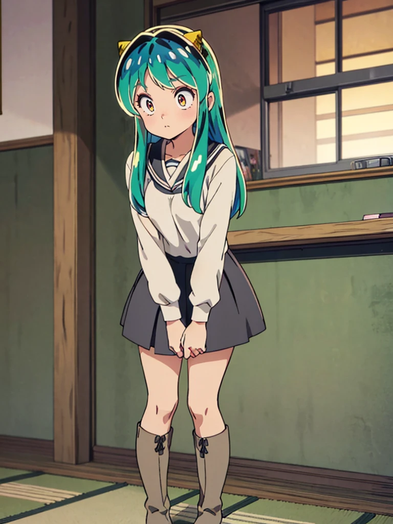 masterpiece, Highest quality, 1 Girl, Lum、 Mature、Sailor suit、Navy Skirt、Black Pantyhose、Sit down、Watching the audience、 Show the soles、 From below, Panties, anime, blush, sexy、 High definition, Grin, Green Hair. Japan