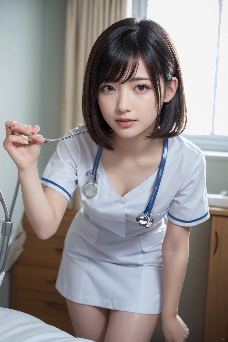 ultra-detailliert、​masterpiece、top-quality、超A high resolution、high-level image quality、(nurse's outfit:1.3)、Colorful lace panties、Detailed panty patterns、panties focus、Colossal tits、Cute Japan person、Shortcut Hair,(hospitals:1.3)、