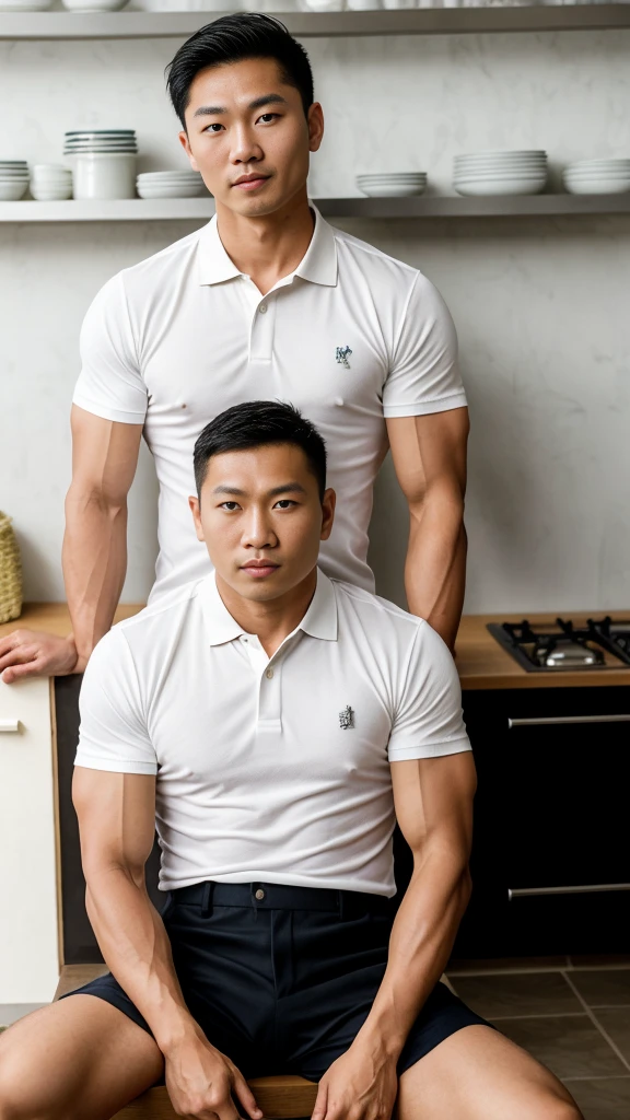 Thai man ,man,He is about 30 years old.,Rough and handsome appearance,Big muscles,large pectoral muscles,polo shirt park,Big waistline,chest hair,sitting on the roadside,Wearing the tongs,buzz cut, angry, sullen, best quality, Masterpiece,(Kitchen Background:1.5),(Have muscles:4.5),(fat:1.5),(gray hair:1.5 ),(gray body hair:1.5),(skin wrinkles:1.5),(shine on the skin:1.5),