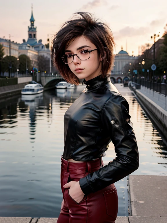 Best quality, Ultra high resolution, (Photorealistic:1.4), (masterpiece, Best quality:1.2),Full-length photo portrait of a young chubby Russian punk girl in glasses, 22 years old with aesthetic small breasts with beautiful erect nipples, corneal reflections, whole body, Detailed human skin texture, beautiful elastic body, aesthetic completeness, Beautiful face, mischievous expression on his face, one-sided grin, spiky tousled hair, very tousled shoulder length brown tousled hair (rebellious late 80s punk hairstyle), Brown eyes, ((glasses with lenses in black frames)), a little crazy look, sparkle in the eyes, ((short stature)), athletic build, Seraphuk(suit Sailor Uranus)(cosplay), leather boots, beautiful hands, Graceful fingers, почти незаметная one-sided grin, Free standing pose, embankment of St. Petersburg , ( 1980s Rocker Hairstyle)), Realistic photography, texture of photo paper, full length, (beautiful clear detailed face:1.2), Increased image sharpness, sharp image, high quality textures, high detail, realistic textures 