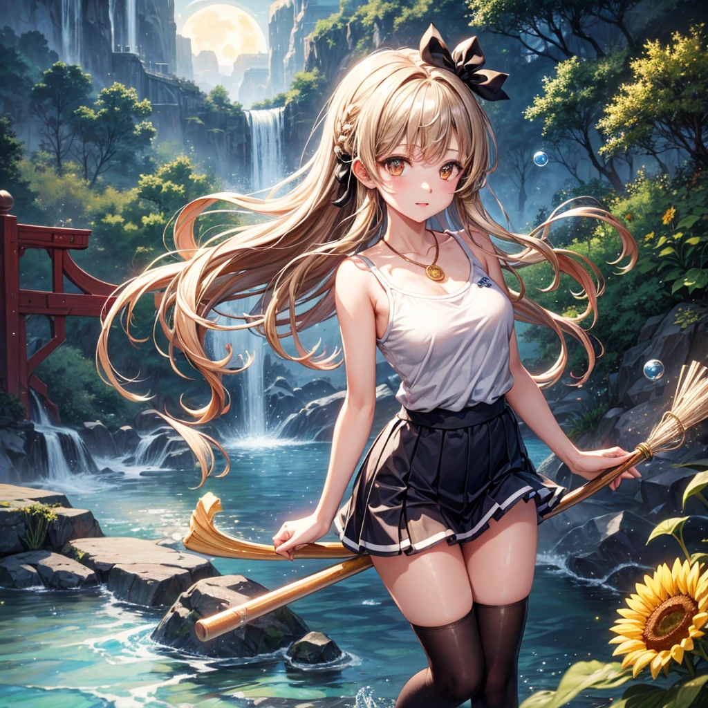 Anime/manga style, girl, young and small, running in a forest, body at right angles, head slightly looking to the right side, white dress in simple medieval peasant style, transparent due to water, torn in some parts, right breast slightly exposed, black lingerie underneath, blond hair with two braids, golden eyes, expression of face slightly afraid,  black garter belt, barefoot, night environment, some lights, bright in the environment --auto --s2