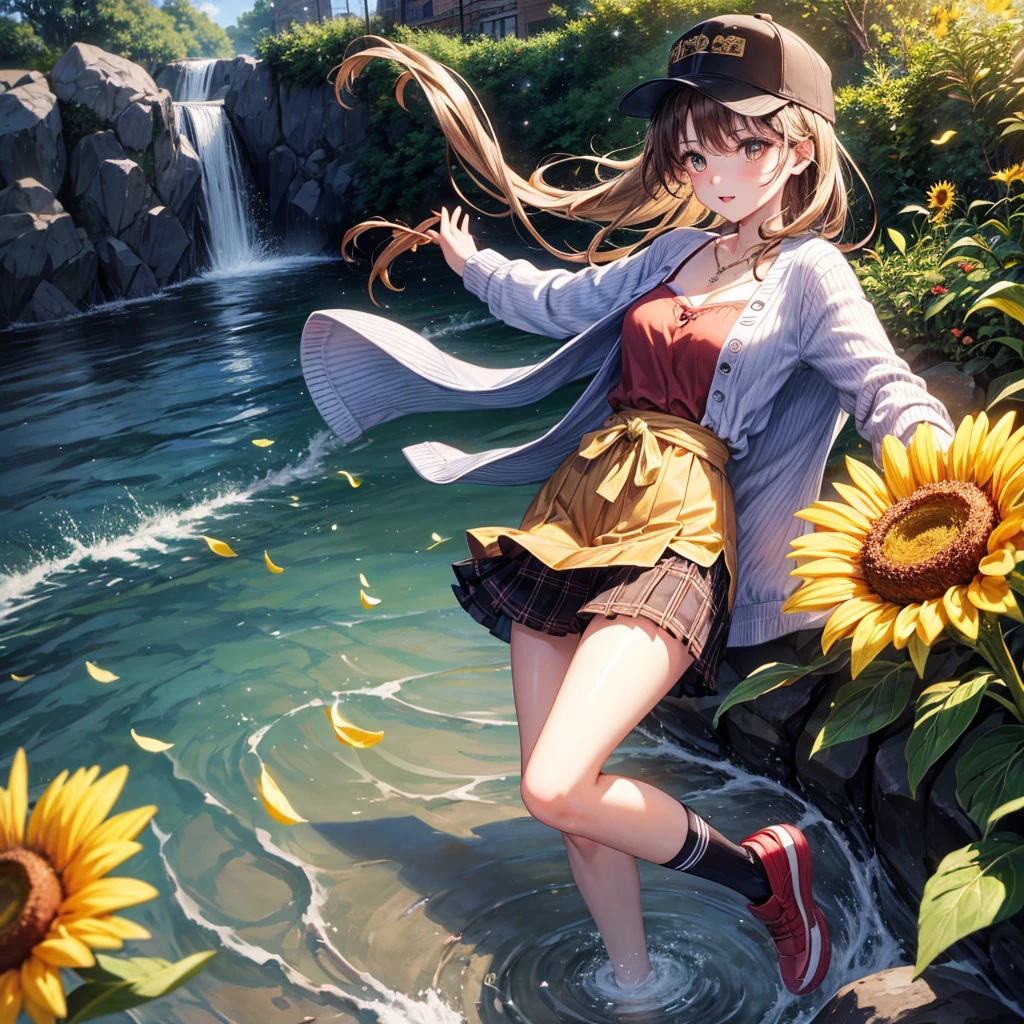 Red, brown, gold, gold hair、Golden Eyes、Hair tied up、One good looking girl、solo、anime、Checkered mini skirt、Ruffles on the skirt、camisole、Lightweight cardigan、Black knee-high socks、Wearing a baseball cap、Ribbon、Ribbon on waist、Teeth are visible、Silver coin necklace、shine、From above、Sparks are flying、tunnel、Cobblestones、waterfall、Clear Stream、Sunflower field、Have sunflowers、Midnight Moon、Winding Road