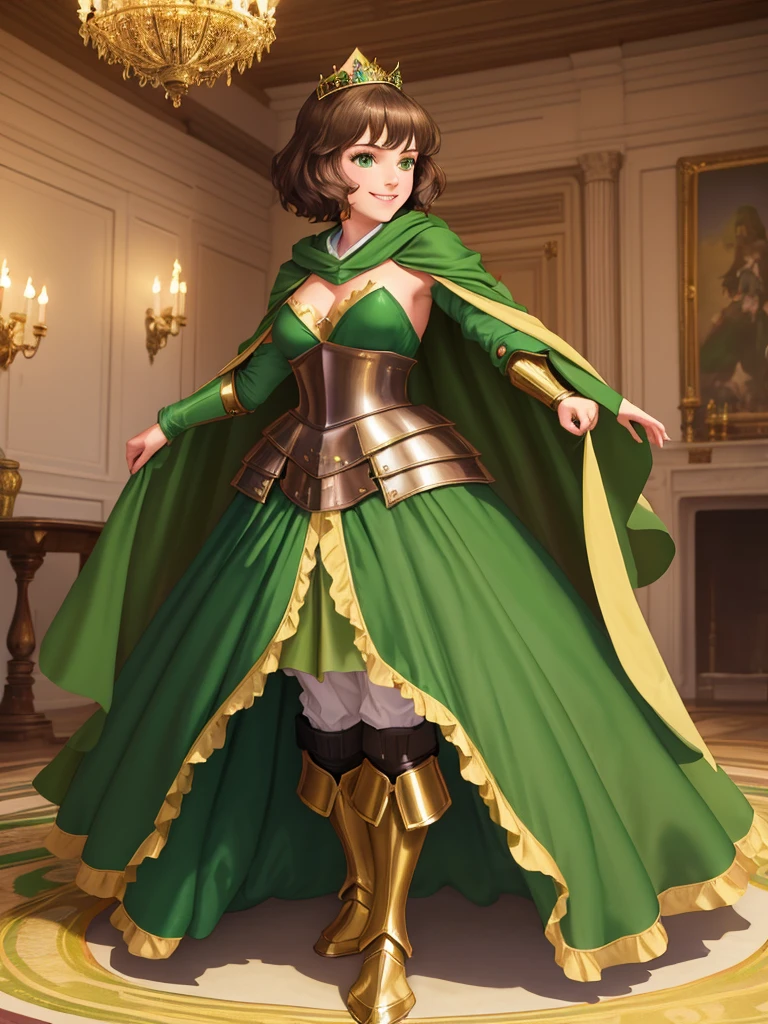 masterpiece, best quality:1.2), 1girl, smile, looking at viewer, green eyes, short brown hair, princess, armor, , pauldrons, armored dress, green cloak cape, wearing puffy blue ballgown skirt, golden tiara with green gem, armored boots, fingerless gloves, standing in medieval garden