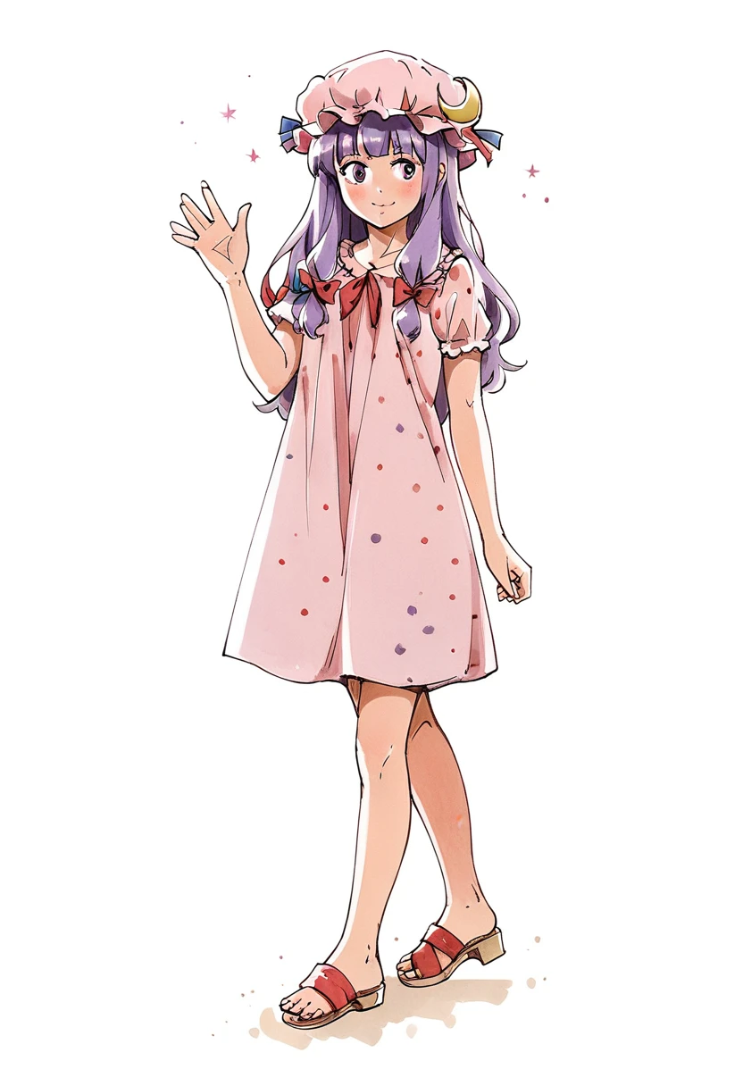 (score_9, score_8_up:1.1),score_7_ up,highly detailed,
BREAK
1girl,purple hair,purle eyes,long hair,mob cap,crescent hat ornament,ribbon,dress,patchouli knowledge,waving goodbye,walking away,head turn,:P,sandals,toes,feet,