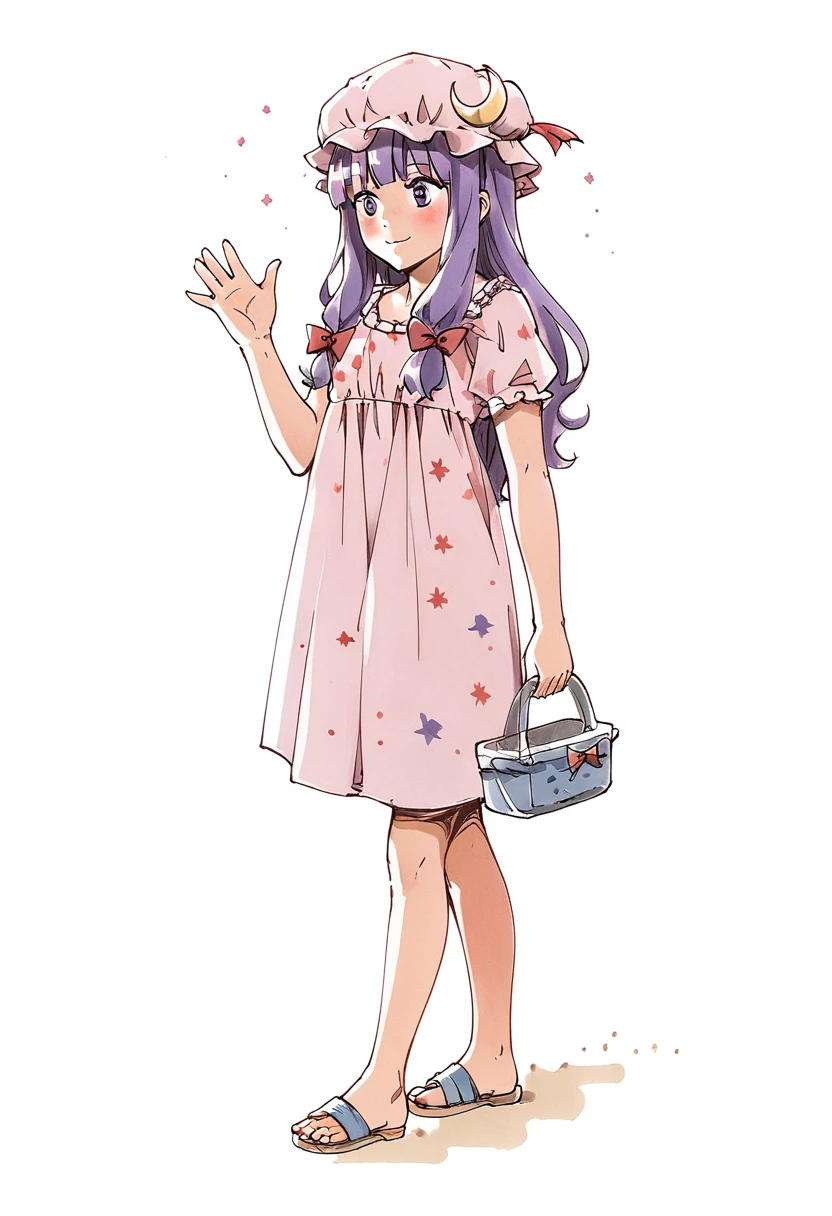 (score_9, score_8_up:1.1),score_7_ up,highly detailed,
BREAK
1girl,purple hair,purle eyes,long hair,mob cap,crescent hat ornament,ribbon,dress,patchouli knowledge,waving goodbye,walking away,head turn,:P,sandals,toes,feet,