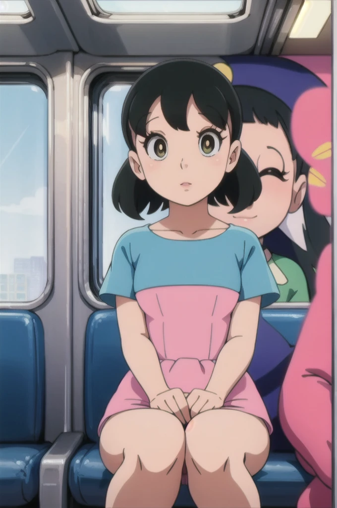 8k  of a 1960s science fiction film by Wes Anderson, Vogue 1960s, pink pastel colors, yellow, cerulean, Unripe, There are people on top of a train, naturallight, psychedelia, strange futuristic, photorrealistic, hyper detailled, sharp focus, Intrinsic, Fuji 55mm films, drsizukachan1,,dress