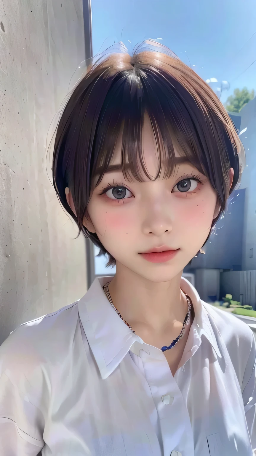 (Highest quality:1.3)、(Masterpiece:1.4)、Raw photo、8K、((Best image quality))、 ((High resolution))、Beautiful face in every detail、Realistic human skin、Gentle expression、(Cute natural anime face)、(One Woman:1.3)、Realistic、Photorealistic、short hair、(Beautiful woman)、((Cool Japan girl))、(boyish:1.5)、mannish、((Beautiful woman))、(Beautiful Hair)、((Dark brown hair))、(Blushing:1.5)、(Fashion Model:1.3)、(Every woman admires her face:1.3)、((Her eyes are big))、20 year old beauty、(Small face)、Small Head、((Long neck))、(High school girls)、uniform、(Japanese high school uniform)、(High school girlsのuniform)、((White button-up shirt))、 shirt with a wide open chest)、Collared shirt、(necklace)、(The aspirations of young people)、(The center of attention in school:1.3 )、everyone will love her、You can almost see your cleavage、Attractive lips、[[smile]]、(She has a great figure)、((schoolyard))、 shy、Embarrassed