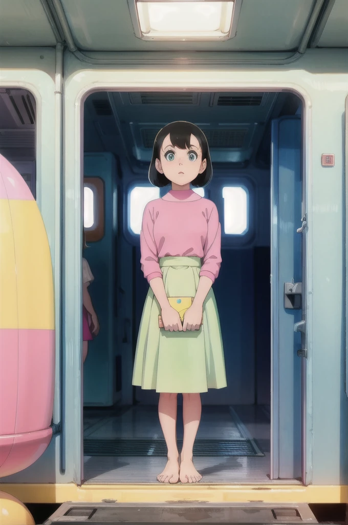 8k  of a 1960s science fiction film by Wes Anderson, Vogue 1960s, pink pastel colors, yellow, cerulean, Unripe, There are people on top of a train, naturallight, psychedelia, strange futuristic, photorrealistic, hyper detailled, sharp focus, Intrinsic, Fuji 55mm films, drsizukachan1,,dress