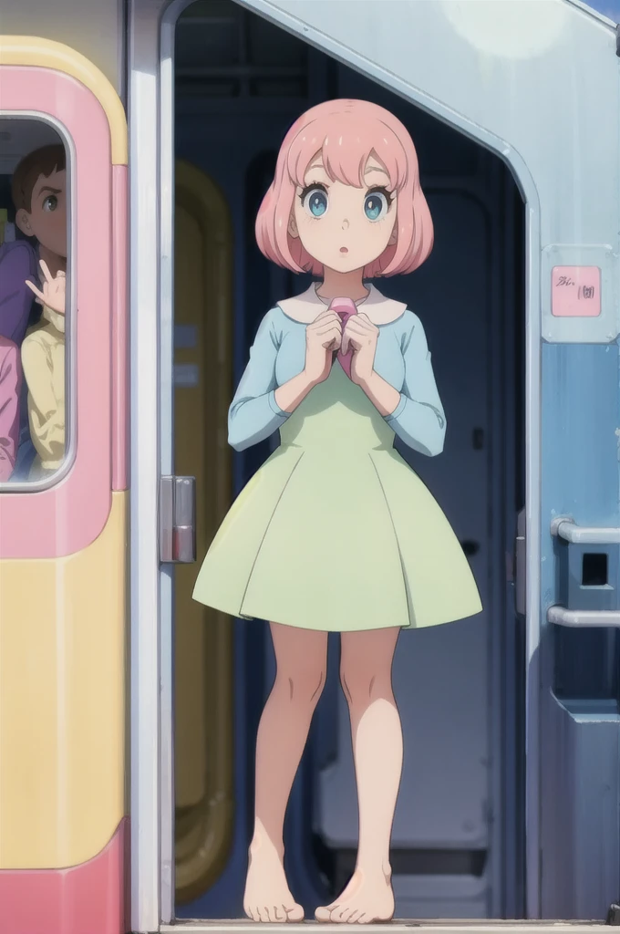 8k  of a 1960s science fiction film by Wes Anderson, Vogue 1960s, pink pastel colors, yellow, cerulean, Unripe, There are people on top of a train, naturallight, psychedelia, strange futuristic, photorrealistic, hyper detailled, sharp focus, Intrinsic, Fuji 55mm films, drsizukachan1,,dress