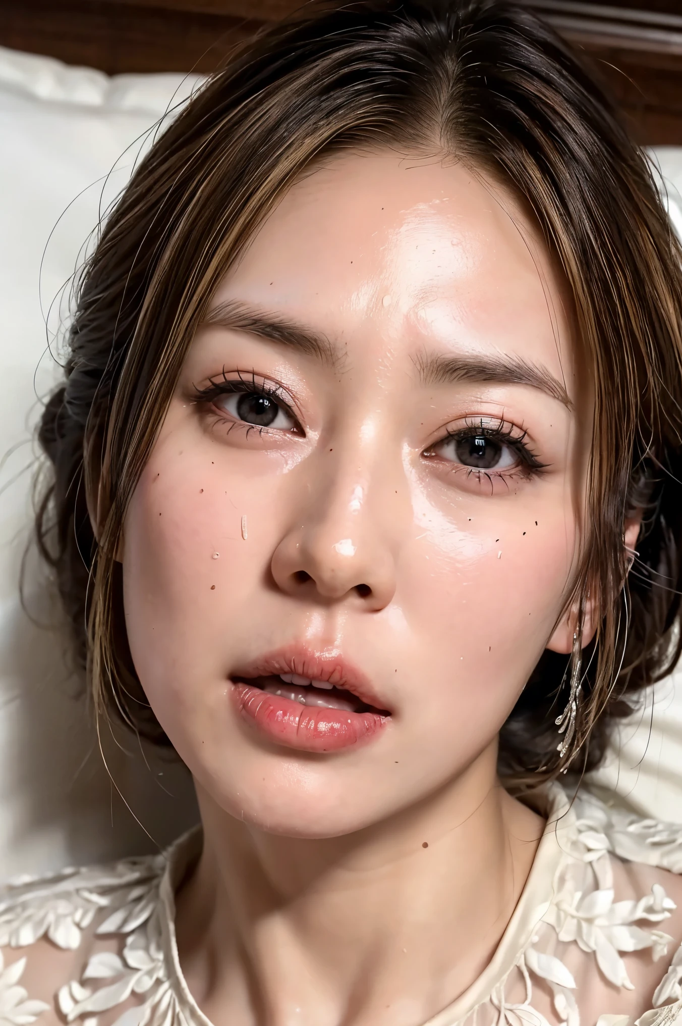 (Realistic:1.3、Ultra HD、Ultra-high resolution、8K、Japanese Housewife、寝室でBlowjobチオをするMature Woman:1.5、At the bed)、((Look Viewer:1.8))、(Extremely realistic skin texture:1.4)、(Realistic:1.3)、short hair、((Embarrassed expression:1.5))、(blonde:1.5)、48-year-old woman、Mature Woman、Ponytail Hairstyles、(Brown eyes:1.3)、(Face close-up:1.22)、(Sweaty:1.2)、(Nipplesを見せる)、((衣服から突き出たNipples,))、dress、美しいNipples、Nipples、(Shooting from the side:1.1)、Drooling、((Blowjobチオ:1.6、Blowjob、Cum in mouth、Bukkake))
