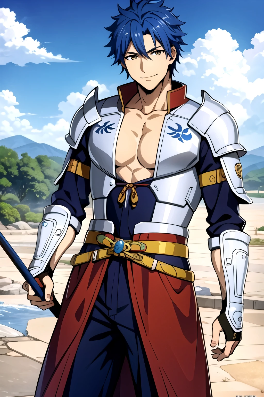 (masterpiece, best quality:1.2), 1boy, naotora takeda, orient, male focus, armor, 
belt, blue hair, shoulder armor, holding, looking at viewer, pectorals, chinese world, blue sky, sky, shining sky, smile, solo , yellow eyes