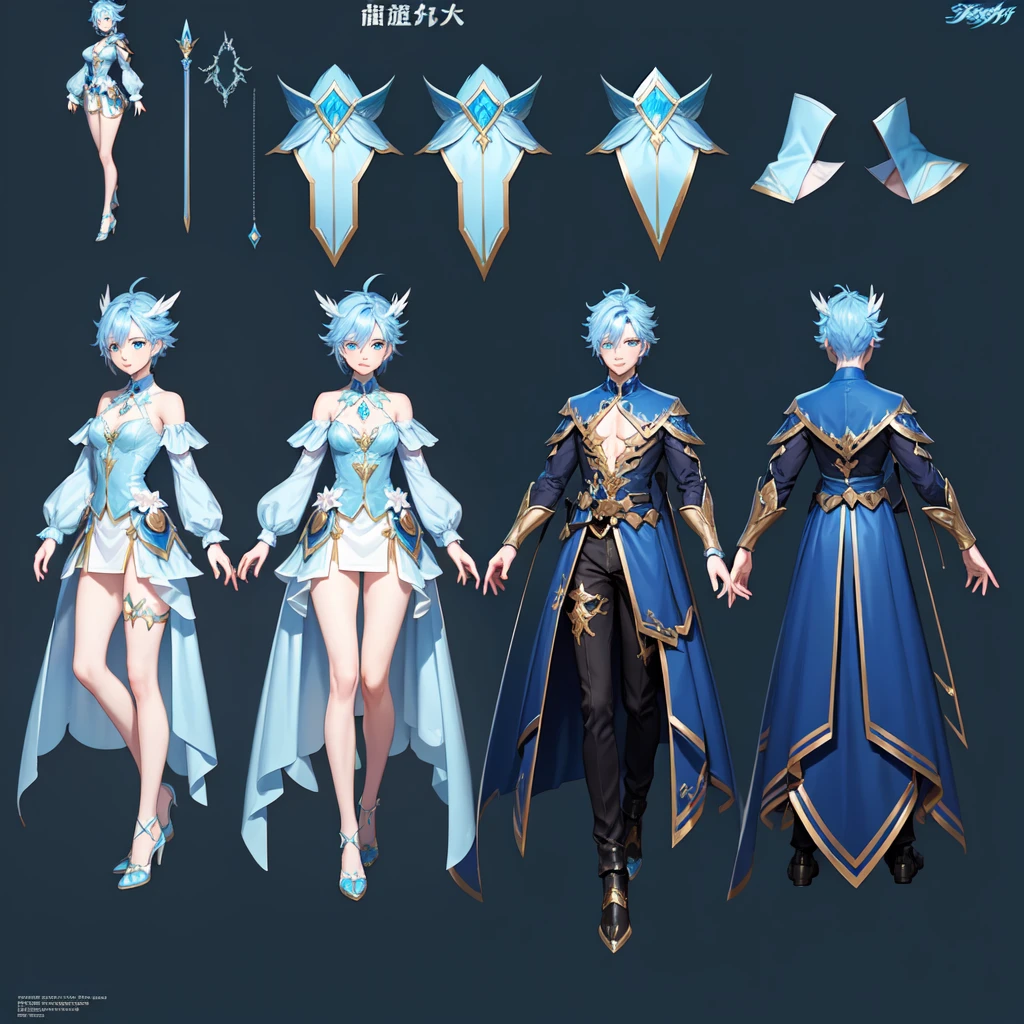 (Masterpiece, best quality), detailed, 1 man, ((character concept art)), ((character design sheet, same character, front, side, back)), full body, body complete, 1 Male angel, 1 Man angel, Detailed face, character design sheet,full bodyesbian, Highly detailed, character sheet, character design, Many parts, dark skin, angel wings, short blue hair, angel outfit, muscle male god, male clothes, masculine, muscle man, male muscle, manly, male angel, Muscle male short blue hair,beautiful man, beautiful muscle man, abs, pectoral muscle