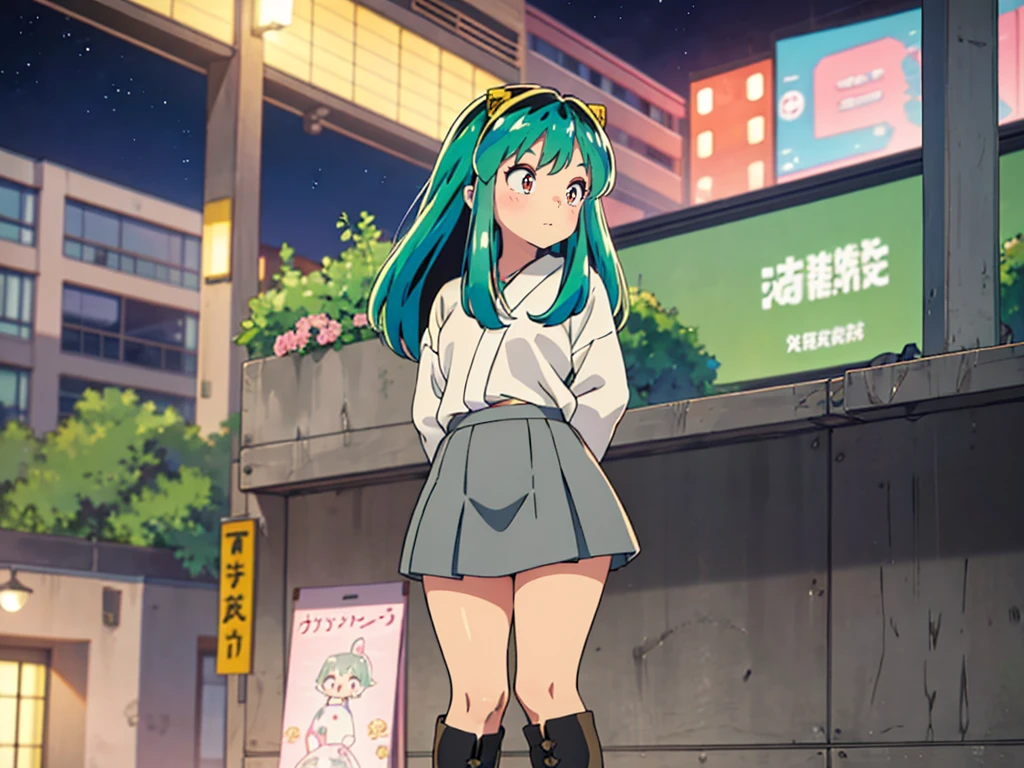 masterpiece, Highest quality, 1 Girl, Lum, happy, blush, Grey knit, Black Mini Skirt, Grey pantyhose, boots,anime, From before, blush, Standing with hands clasped in front of the body, Embarrassed, Mature, 18-year-old, City of night, Gaze Here, High definition, Japan, Green Hair、From below、Focus on the feet