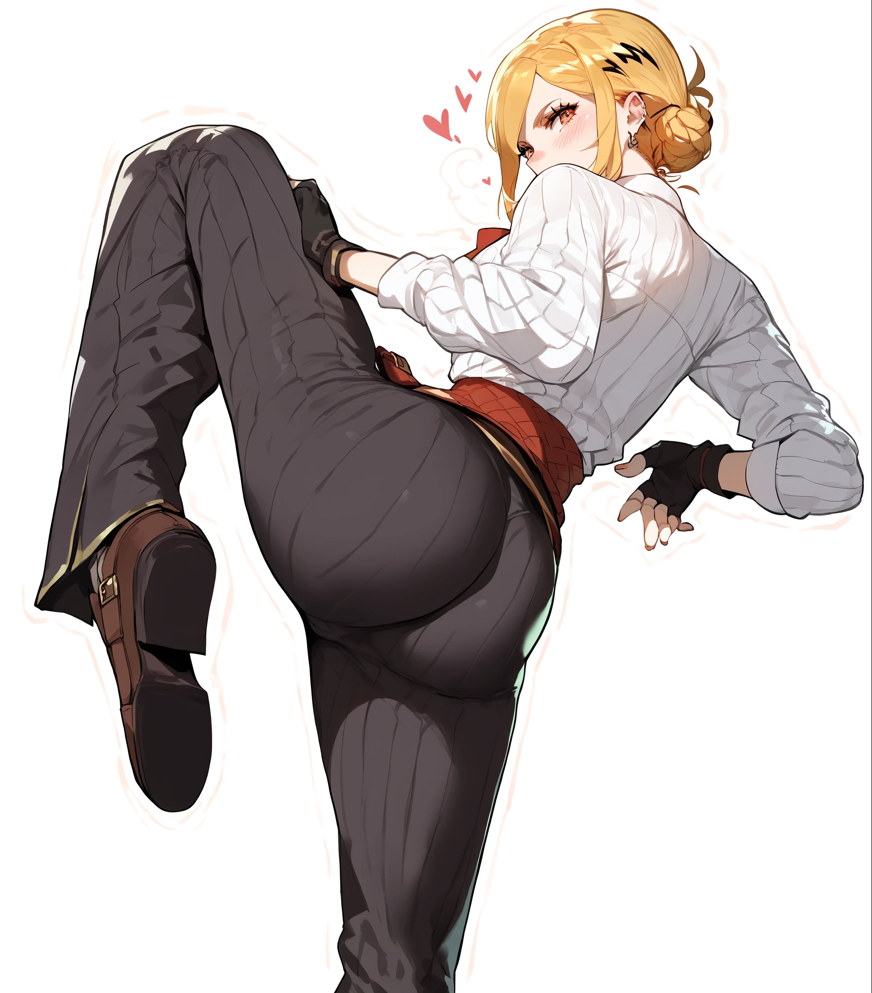 score_9, score_8_up, score_7_up, score_6_up, uncensored,  KamiuntenMira, long hair, yellow hair, orange eyes, BREAK (masterpiece:1.2), best quality, high resolution, (detailed eyes:1.3), perfect lighting, (perfect hands, perfect anatomy), hearts, pleasured, fingerless_gloves, gloves, ass, solo, rating:safe, striped, black_gloves, looking_back, female_focus, looking_at_viewer, electricity, 