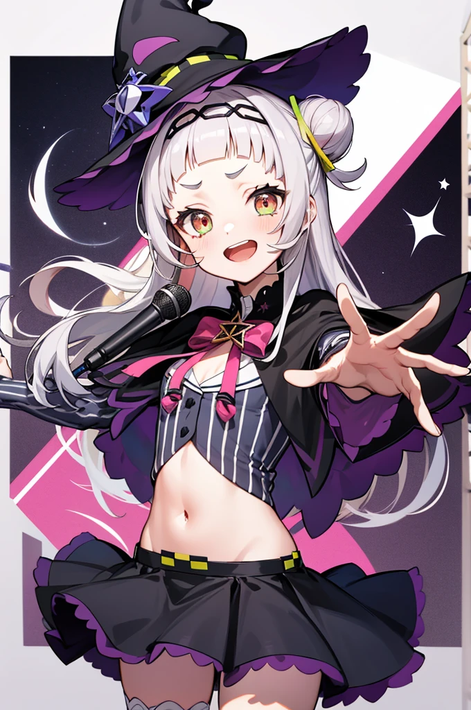 masterpiece, best quality, highres, aashion, 1girl, long hair, (single hair bun:1.1), short eyebrows, small breasts, hairband, witch hat, pink bowtie, black capelet, pinstripe shirt, long sleeves, midriff, black skirt, miniskirt, striped thighhighs, aged down, cowboy shot, standing, stage, smile, open mouth, holding microphone, reaching out,