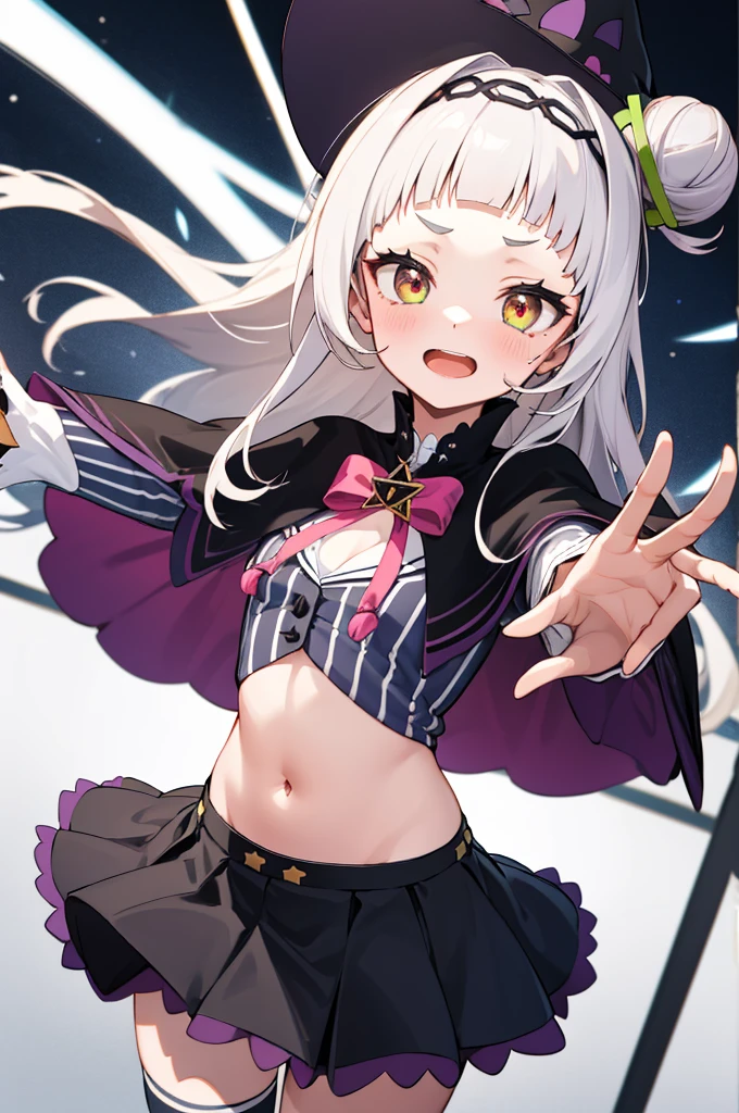 masterpiece, best quality, highres, aashion, 1girl, long hair, (single hair bun:1.1), short eyebrows, small breasts, hairband, witch hat, pink bowtie, black capelet, pinstripe shirt, long sleeves, midriff, black skirt, miniskirt, striped thighhighs, aged down, cowboy shot, standing, stage, smile, open mouth, holding microphone, reaching out,