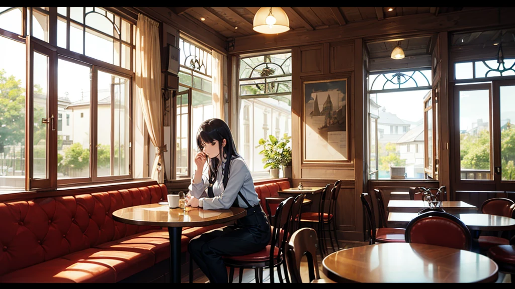 a young couple sitting in a cafe,girl wearing short clothes with big hips,colorful cafe lights,moody colors,highly detailed,photstudio lighting,warm lighting,elegant,romantic,cozy atmosphere