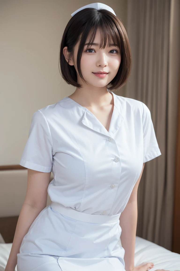 White Smoke Nurse Attire,lift up skirt,Large breasts,Plump body,Cute face,embarrassed,Bob Hair,hospitals,masutepiece, extremely fine and beautiful,attractive mature lady,Adult Woman,Japanese, nsfw,