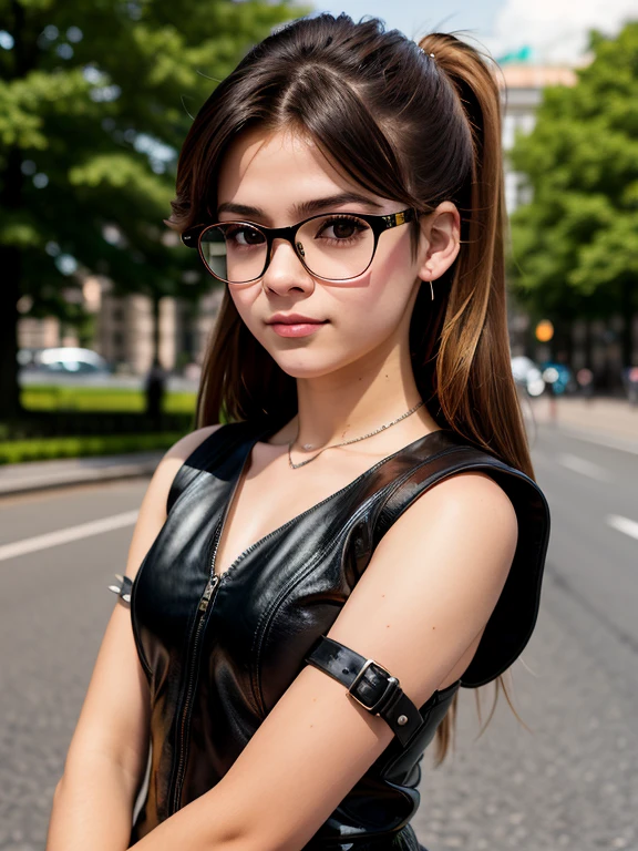 Best quality, Ultra high resolution, (Photorealistic:1.4), (masterpiece, Best quality:1.2),Full-length photo portrait of a young chubby Russian punk girl in glasses, 22 years old with aesthetic small breasts with beautiful erect nipples, corneal reflections, whole body, Detailed human skin texture, beautiful elastic body, aesthetic completeness, Beautiful face, mischievous expression on his face, one-sided grin, spiky tousled hair, very tousled shoulder length brown tousled hair (rebellious late 80s punk hairstyle), Brown eyes, ((glasses with lenses in black frames)), a little crazy look, sparkle in the eyes, ((short stature)), athletic build, dressed in serafuku(suit Sailor Uranus)(cosplay), leather boots, beautiful hands, Graceful fingers, почти незаметная one-sided grin, Free standing pose, embankment of St. Petersburg , ( 1980s Rocker Hairstyle)), Realistic photography, texture of photo paper, full length, (beautiful clear detailed face:1.2), Increased image sharpness, sharp image, high quality textures, high detail, realistic textures 