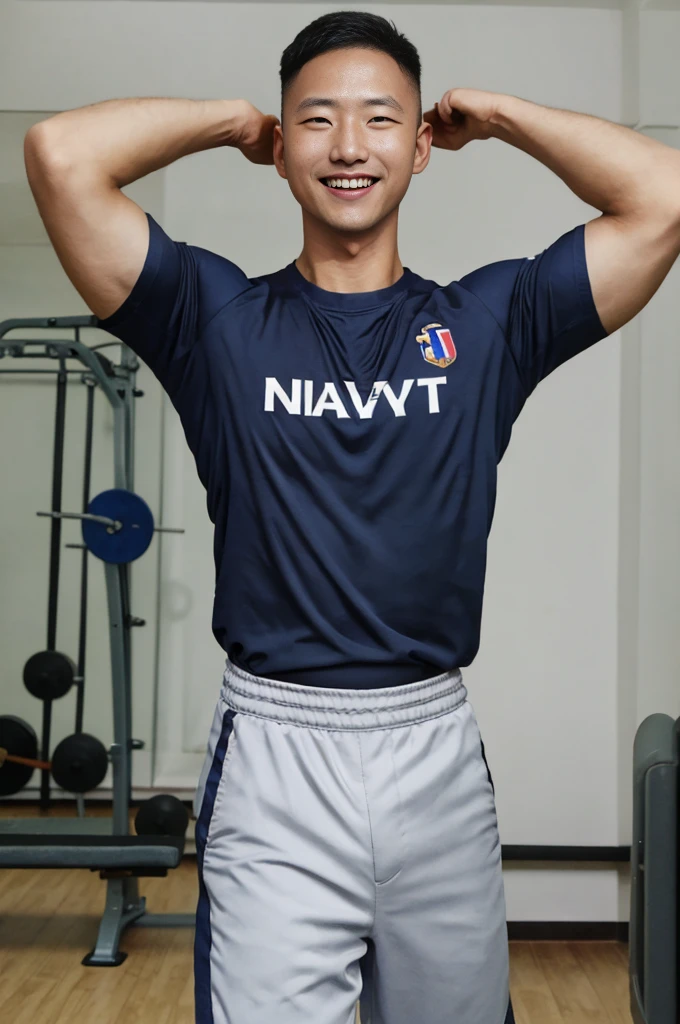 独奏: 1.5, (As a matter of fact, Masterpiece, 8k HD, good light quality, sportswear, fit the face, complicated details), A handsome, muscular young Korean man. , 20 years old, be happy, smile brightly, detailed face, delicate eyes, มองดูsky, Wear a navy tight T-shirt.:1.6, period, black eyes, Black hair color, ผมsmooth, smooth, outdoor sports, Along the garden, Sunny,sky，Surreal，Awesome details，Highest quality，real，Open your mouth to talk. , Close your eyes.