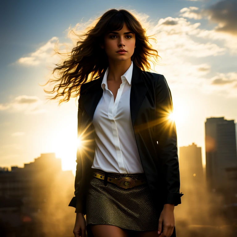 1girl, intricate detail, masterpiece, best quality, extremly detailed,cinematic lighting, beautiful detailed glow, finely detailed beautiful face and eyes, 8k, dark intense shadows, yellow eyes, medium hair, black hair, bangs, floating hair, black jacket, open jacket, white sheer shirt, expressionless, yellow necktie, black lifting skirt, spotlight, sunshine, sunrise, gradient sky, city, lens flare, cowboy shot, [[curvy]], [mature female]