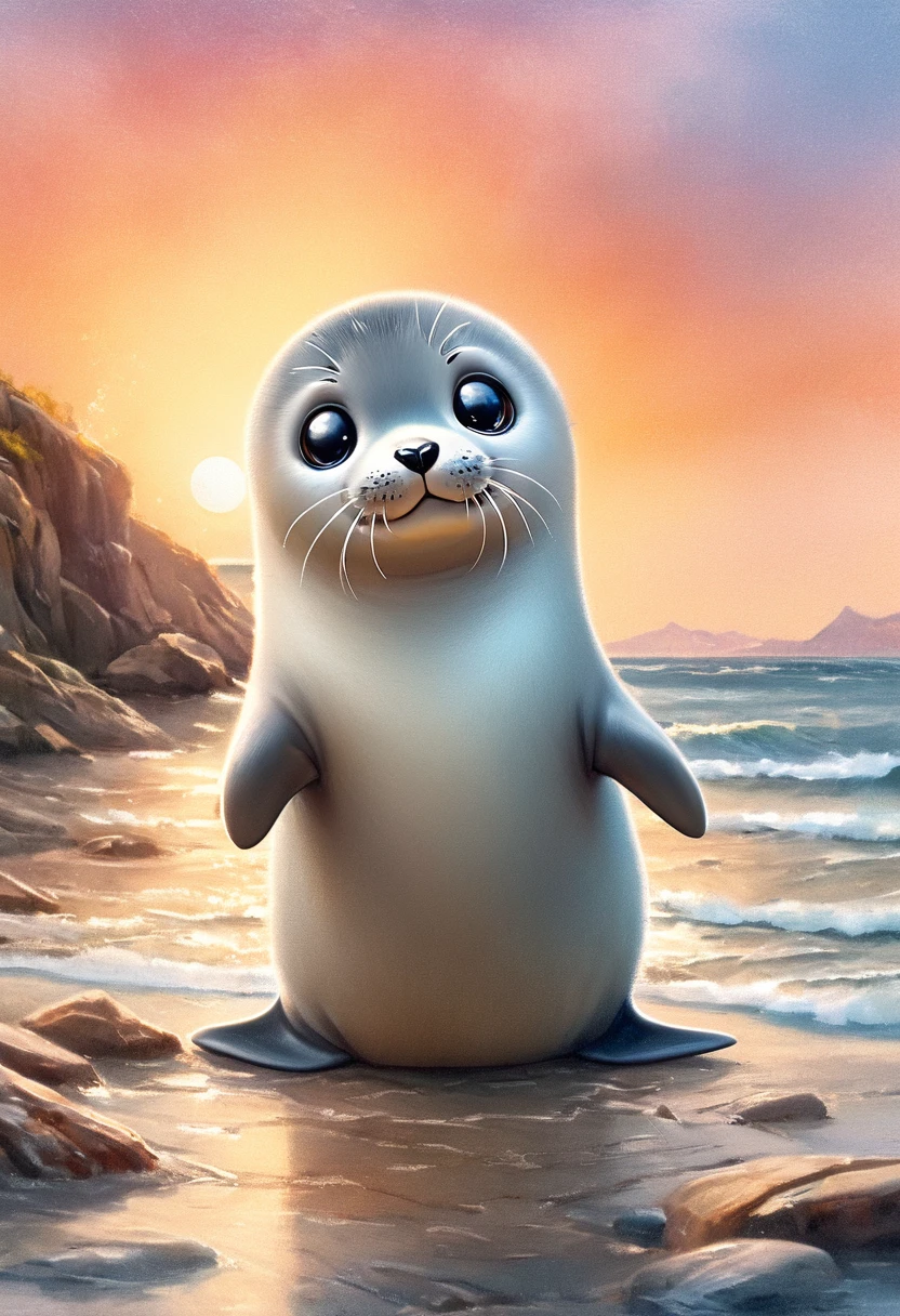 Masterpiece Illustration, high quality, high resolution 16k, a painting of a baby seal with a smile on it's face  sitting on a Ocean Shore,  Stunning sunset background , (fisheye camera), funny cartoonish trend in Art Station, playful smile, 🍁 cute, inspired by Ruben Tam, very cute facial features, , small in size, long pointed ears, artistic style, oil and watercolor painting, greg rutkowski