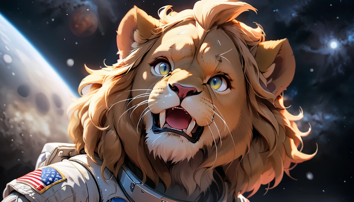 Arafed a picture of a anthomorph lion astronaut he stands on the moon (roaring: 1.3), open maw, mouth opened sense awe, sense of might, king of space, to space, an epic (anthomorph lion: 1.3), Ultra detailed head, open maw, best detailed head(wearing astronaut suit: 1.5), feline eyes, dynamic colors eyes, roaring as he stands on the moon roaring to space, the vastness of space above the king of space, many stars above him, vibrant, Ultra-high resolution, High Contrast, masterpiece:1.2, highest quality, Best aesthetics), best details, best quality, highres, ultra wide angle, 16k, [ultra detailed], masterpiece, best quality, (extremely detailed), Intense Gaze, Cinematic Hollywood Film, furry