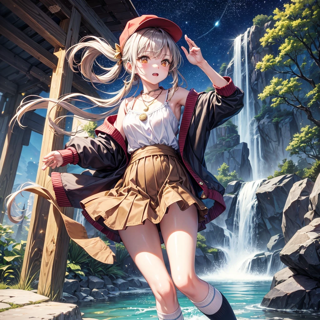 Red, brown, gold, gold hair、Golden Eyes、Hair tied up、One good looking girl、solo、anime、Checkered mini skirt、Ruffles on the skirt、Checked dress、blouse、school uniform、Black knee-high socks、Wearing a baseball cap、Ribbon、Ribbon on waist、Teeth are visible、Silver coin necklace、From above、Cobblestones、waterfall、Starry Sky、Midnight Moon、suspension bridge、Soap bubbles are flying、beam、ripple、Rocks floating in water、Crab walking、Standing still、Hands behind your back