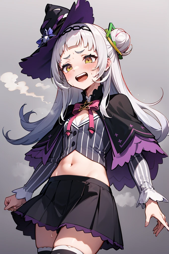 masterpiece, best quality, highres, aashion, 1girl, long hair, (single hair bun:1.1), short eyebrows, small breasts, hairband, witch hat, pink bowtie, black capelet, pinstripe shirt, long sleeves, midriff, black skirt, microskirt, striped thighhighs, aged down,grin, open mouth, from below,(sweating,steaming)