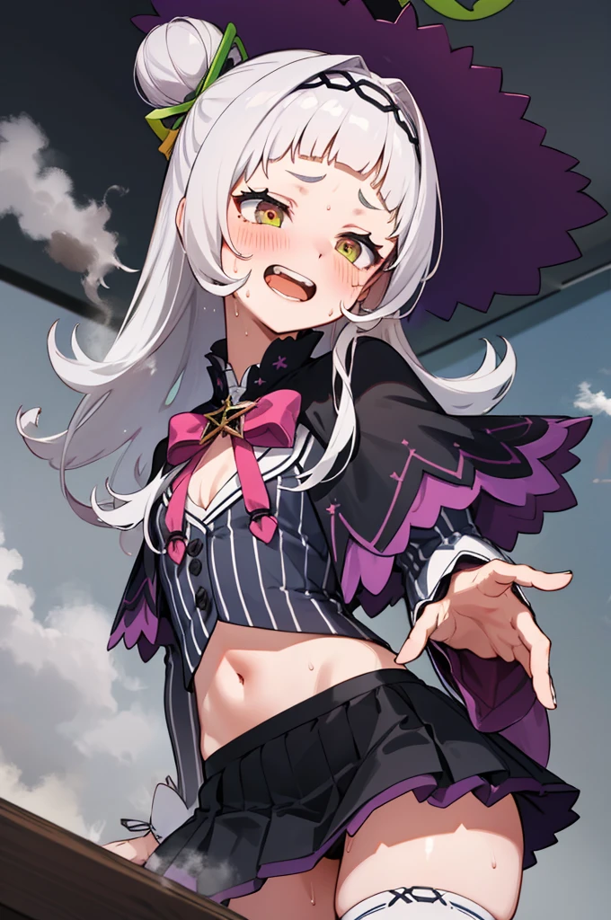 masterpiece, best quality, highres, aashion, 1girl, long hair, (single hair bun:1.1), short eyebrows, small breasts, hairband, witch hat, pink bowtie, black capelet, pinstripe shirt, long sleeves, midriff, black skirt, microskirt, striped thighhighs, aged down,grin, open mouth, from below,(sweating,steaming)