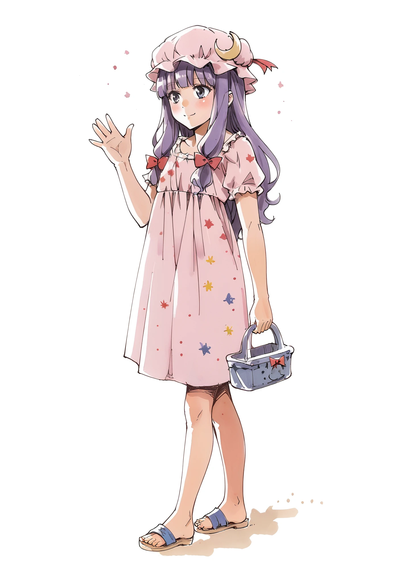 (score_9, score_8_up:1.1),score_7_ up,highly detailed,
BREAK
1girl,purple hair,purle eyes,long hair,mob cap,crescent hat ornament,ribbon,dress,patchouli knowledge,waving goodbye,walking away,head turn,:P,sandals,toes,feet,