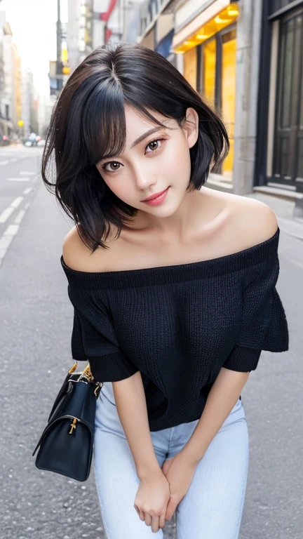 Non-NSFW、Realistic、Highest quality、Highest quality、masterpiece、Ultra-high resolution、RAW Photos、Realistic、Bright lighting、Face Light、Smooth Professional Lighting、Looking into the camera、alone、Adult female、Beautiful woman、Super Beauty、Realistic肌、Moisturized Skin、Realistic eyes and faces、Perfect model body shape、Beautiful Eyes、Big eyes、Inconspicuous tear bags、slim、No bra、Beautiful fingers、Very short hair、Jet Black Hair、Iris、Looks happy、(Both ears are hidden by hair), (Long thigh-length knit shirt:1.3),(Off-shoulder:1.1),In the city, Small Ass, (Large Breasts:1.1),(Venus' Nipples:1.2), A konigsreuter、Sexy Random Poses,(standing:1.1),(from behind:1.6)