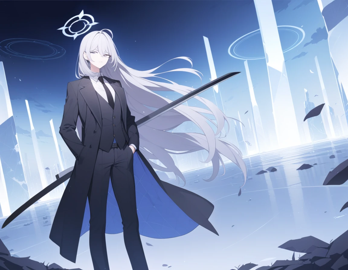 (Highest quality), (High resolution), (masterpiece), (Very detailed), (Bright saturation), (Very detailed目), (Very detailed手), Thigh-length hair, Gray Hair, (Purple left eye, Blue right eye), Blue Archive Style, １People Girls, Brandishing a black sword in his right hand, Left hand in pocket, Girl, (Black long coat, White shirt, Black tie, Black trousers, suit), Show the whole body, Countless swords of light are stuck into the ground., Magic circle in the background, Expressionless, Vivid saturation, Black Halo