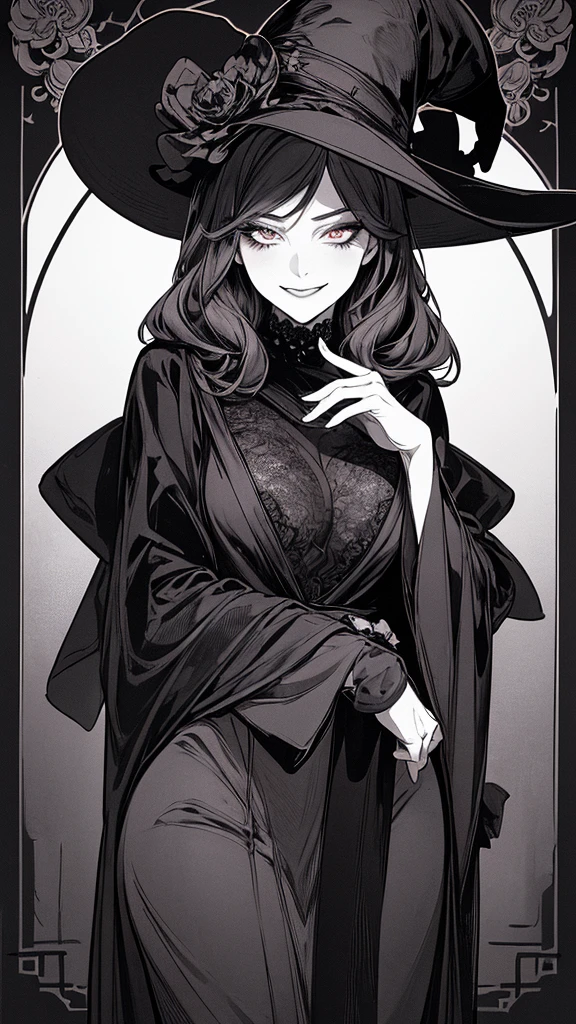 Highest quality, (Background details), High Contrast, so beautiful, Detailed original illustrations, Sensual, , witch, witch hat, Black Robe, Fairy, Delicate face, charm, Spoiled brat, y, Real brerazy Smile, Crazy Eyes, Black background, (Black background: 1. 5) Beautiful line art, Monochrome