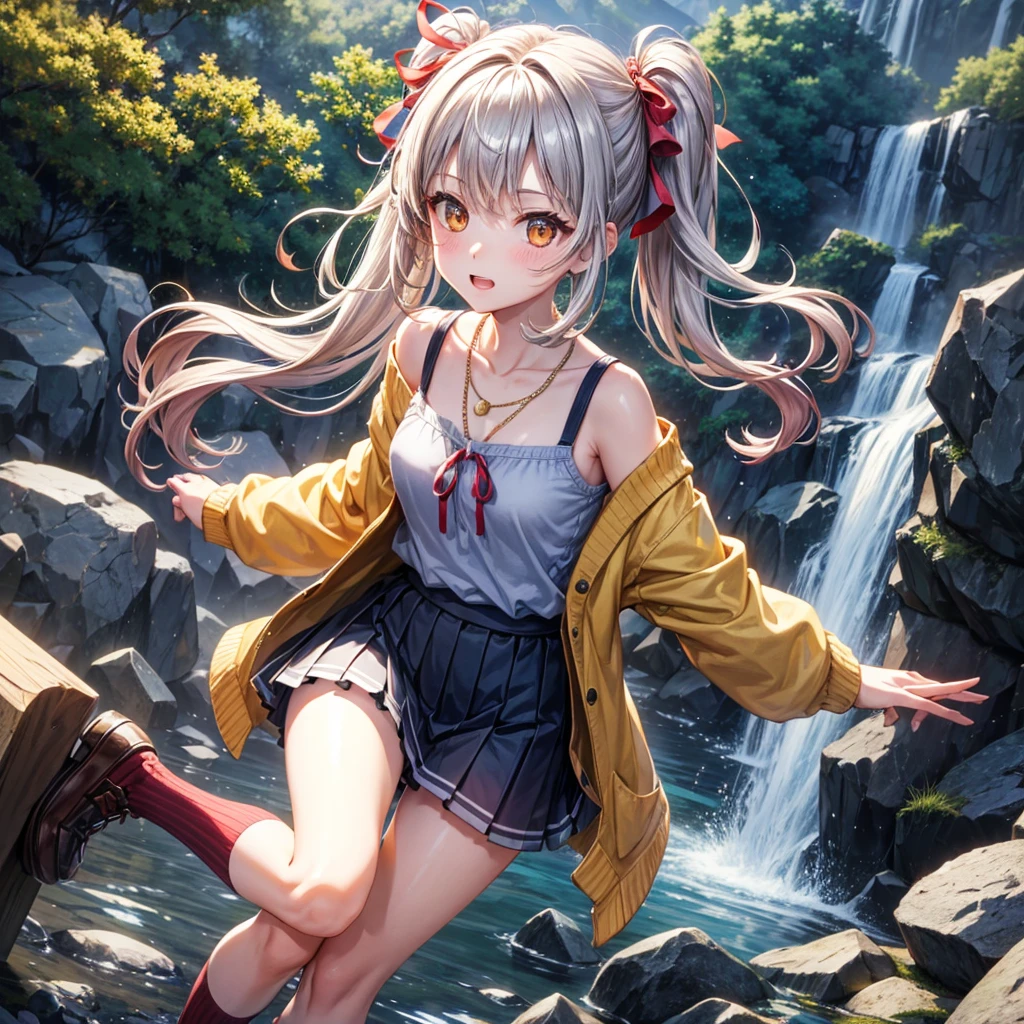 Pink gold golden hair、Red eyes、One good looking girl、solo、anime、Checkered mini skirt、The skirt has buttons、White T-shirt、Jin、Blue camisole、Wearing a ribbon、Ribbon on waist、Tilting face、Teeth are visible、waterfall、waterfallの裏側、tunnel、Sunset sky、I have a single-lens reflex camera、Jumping off