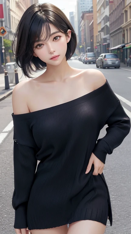 Non-NSFW、Realistic、Highest quality、Highest quality、masterpiece、Ultra-high resolution、RAW Photos、Realistic、Bright lighting、Face Light、Smooth Professional Lighting、Looking into the camera、alone、Adult female、Beautiful woman、Super Beauty、Realistic肌、Moisturized Skin、Realistic eyes and faces、Perfect model body shape、Beautiful Eyes、Big eyes、Inconspicuous tear bags、slim、No bra、Beautiful fingers、Very short hair、Jet Black Hair、Iris、Looks happy、(Both ears are hidden by hair), (Long thigh-length knit shirt:1.3),(Off-shoulder:1.1),In the city, Small Ass, (Large Breasts:1.1),(Venus' Nipples:1.2), A konigsreuter、Sexy Random Poses,(standing:1.1),(from behind:1.6)