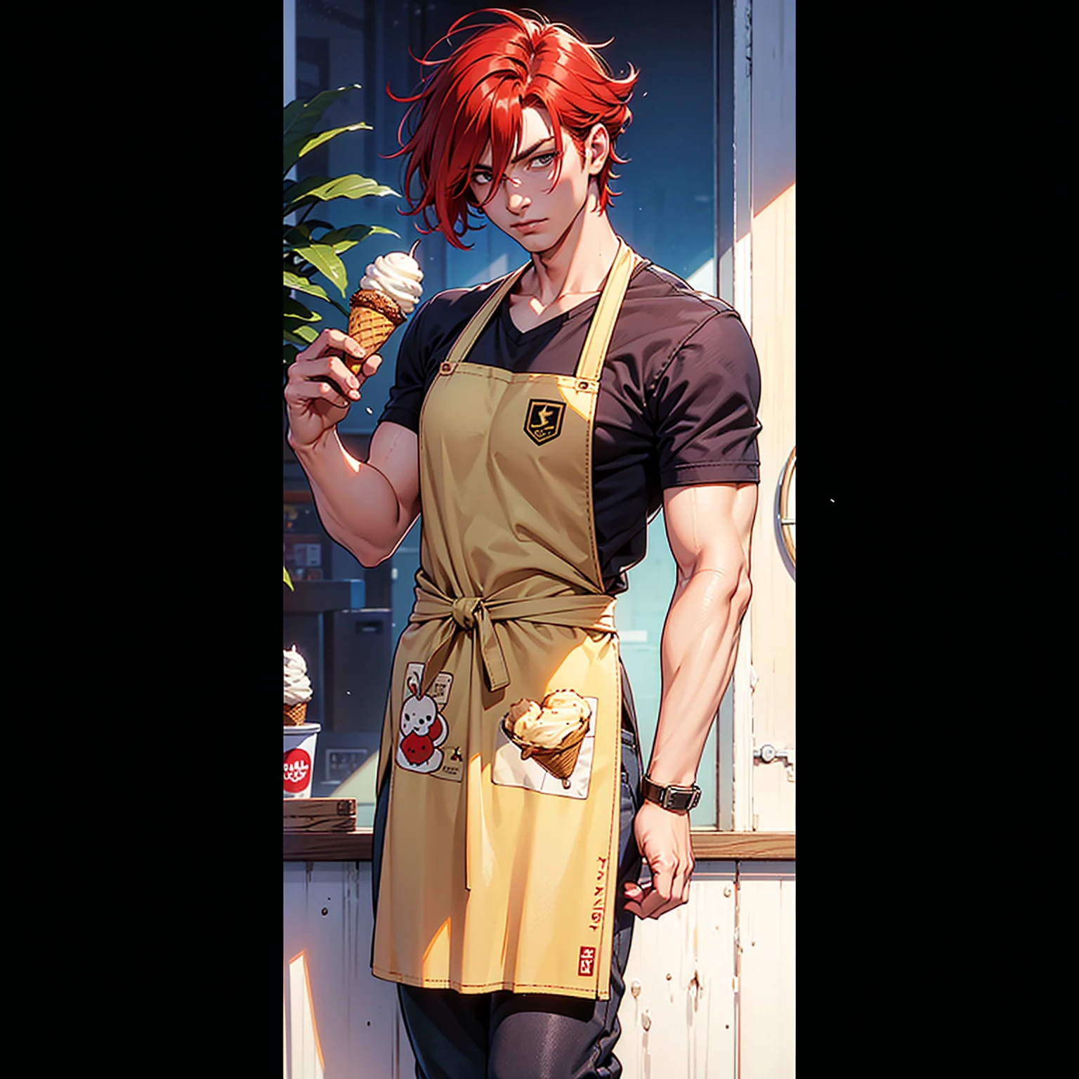 A very muscular man, square jaw, short red hair, blue eyes, shirtless and with dark blue pants, dead, very injured, lying in a destroyed forest, at sunrise, anime version